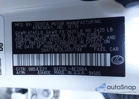 2020 Lexus Es 350 Ultra Luxury from USA, damaged, VIN 58AFZ1B13LU057788